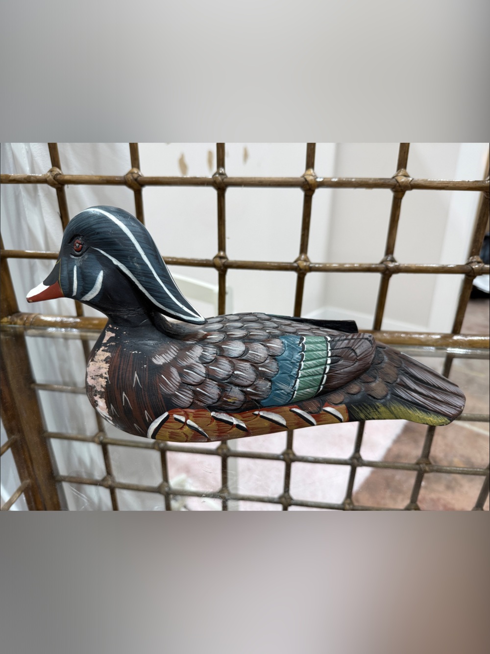 Hand-Painted Wooden Duck Figurine in Dark Brown, blue and Black - Picture 3 of 7